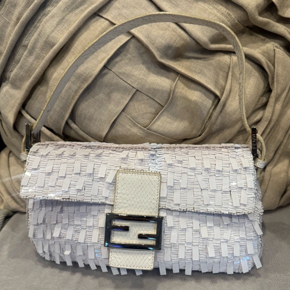 Fendi Handbags - Vintage Fendi Sequins Baguette White Designer Shoulder Bag With Lizard Accents